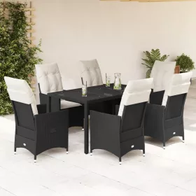    7 részes fekete polyrattan kerti étkezőgarnitúra párnával