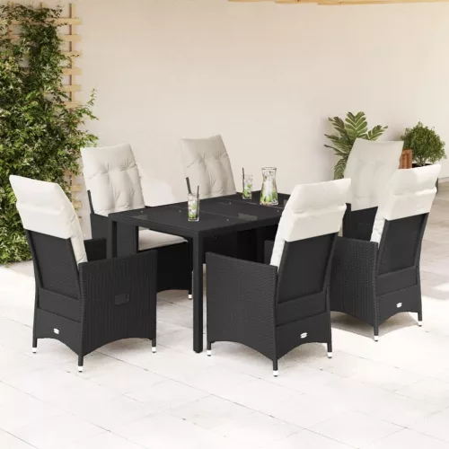 7 részes fekete polyrattan kerti étkezőgarnitúra párnával