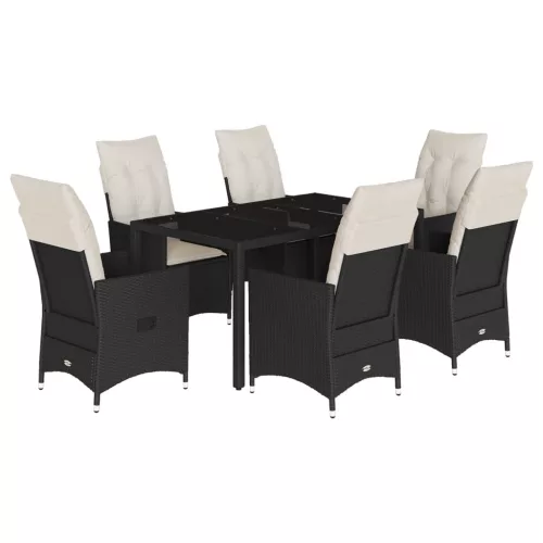  7 részes fekete polyrattan kerti étkezőgarnitúra párnával