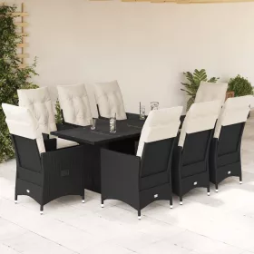    9 részes fekete polyrattan kerti étkezőgarnitúra párnákkal