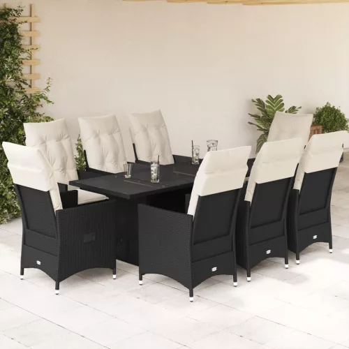  9 részes fekete polyrattan kerti étkezőgarnitúra párnákkal