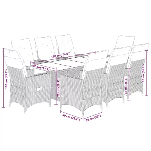 9 részes fekete polyrattan kerti étkezőgarnitúra párnákkal