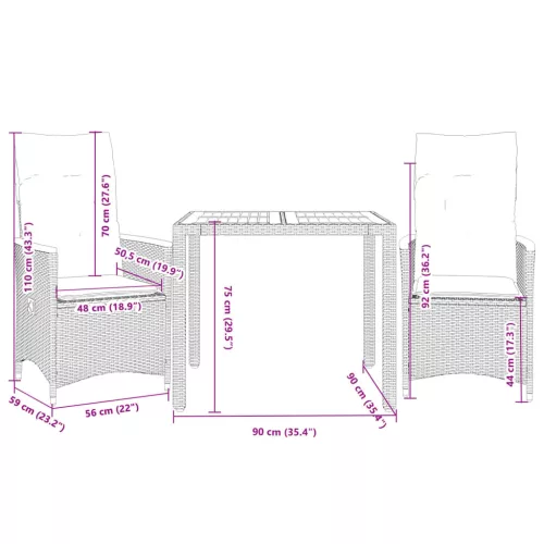  3 részes szürke polyrattan bisztrógarnitúra párnákkal