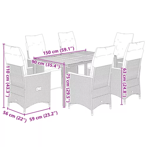  7 részes fekete polyrattan kerti bisztrógarnitúra párnákkal