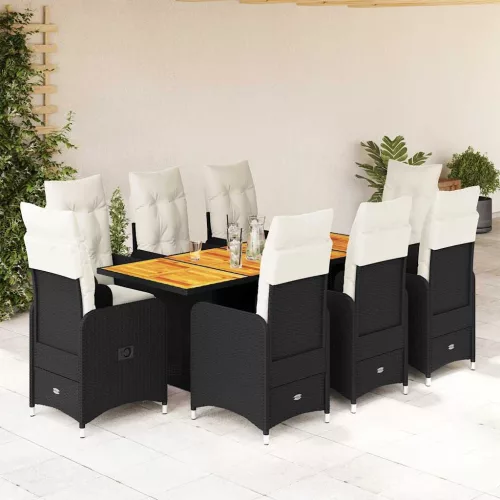  9 részes fekete polyrattan kerti bisztrógarnitúra párnákkal