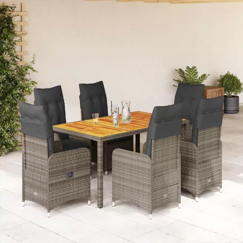  7 részes szürke polyrattan kerti bisztrógarnitúra párnákkal
