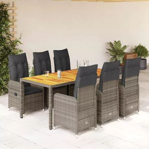  7 részes szürke polyrattan kerti bisztrógarnitúra párnákkal