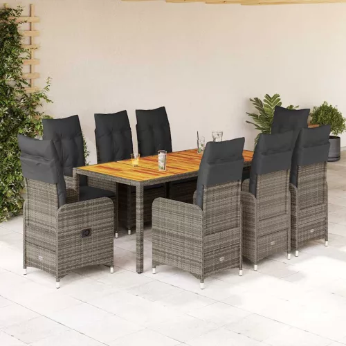  9 részes szürke polyrattan kerti bisztrógarnitúra párnákkal