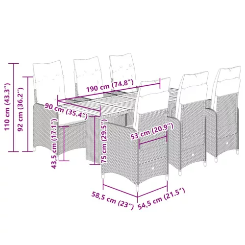  7 részes szürke polyrattan kerti bisztrógarnitúra párnákkal
