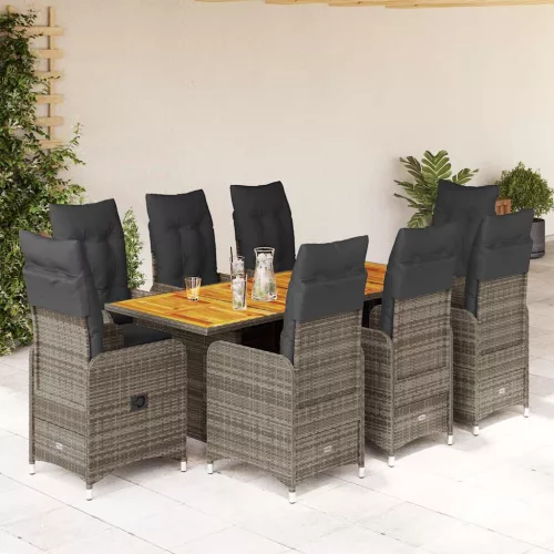  9 részes szürke polyrattan kerti bisztrógarnitúra párnákkal