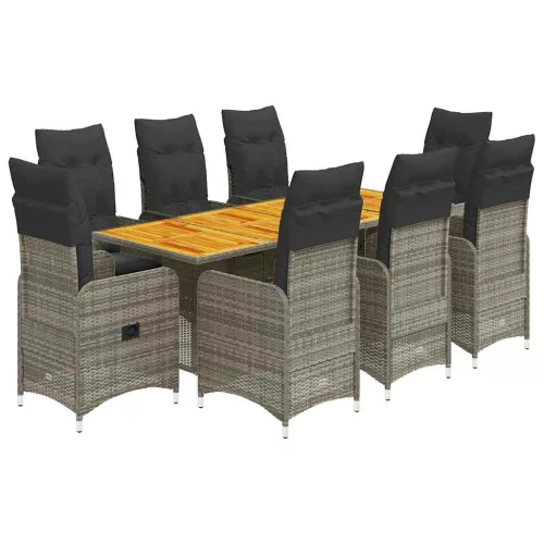  9 részes szürke polyrattan kerti bisztrógarnitúra párnákkal