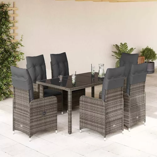  7 részes szürke polyrattan kerti bisztrógarnitúra párnákkal