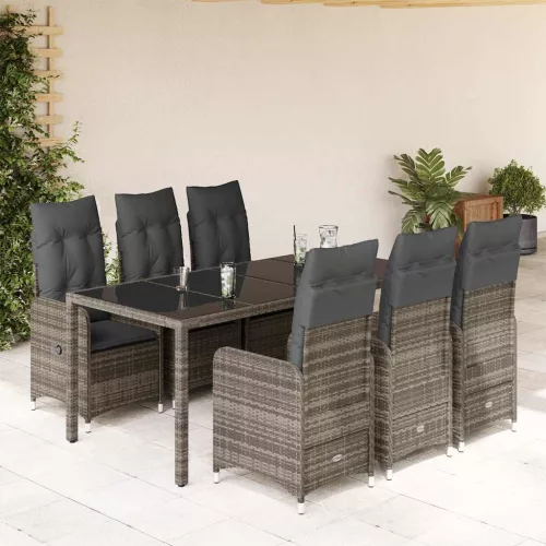  7 részes szürke polyrattan kerti bisztrógarnitúra párnákkal