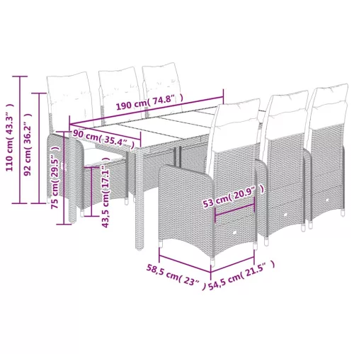  7 részes szürke polyrattan kerti bisztrógarnitúra párnákkal