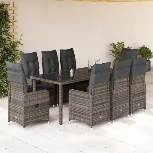  9 részes szürke polyrattan kerti bisztrógarnitúra párnákkal