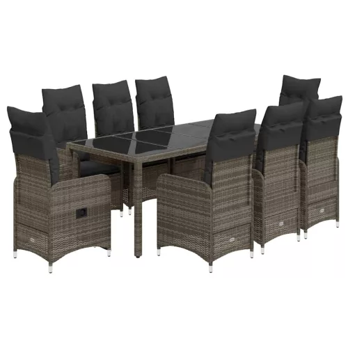  9 részes szürke polyrattan kerti bisztrógarnitúra párnákkal