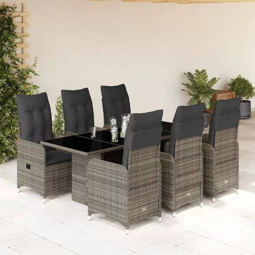  7 részes szürke polyrattan kerti bisztrógarnitúra párnákkal