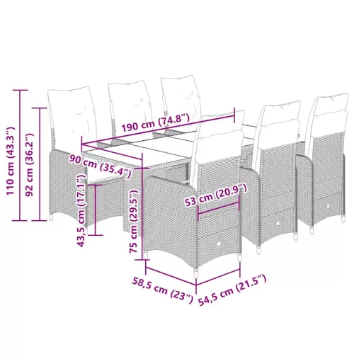  7 részes szürke polyrattan kerti bisztrógarnitúra párnákkal