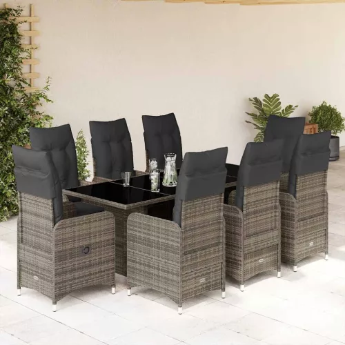  9 részes szürke polyrattan kerti bisztrógarnitúra párnákkal