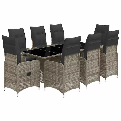  9 részes szürke polyrattan kerti bisztrógarnitúra párnákkal