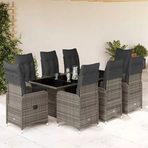  9 részes szürke polyrattan kerti bisztrógarnitúra párnákkal