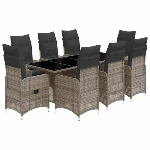  9 részes szürke polyrattan kerti bisztrógarnitúra párnákkal