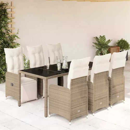  7 részes barna polyrattan kerti bisztrógarnitúra párnákkal