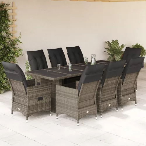  9 részes szürke polyrattan kerti bisztrógarnitúra párnákkal