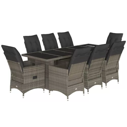  9 részes szürke polyrattan kerti bisztrógarnitúra párnákkal
