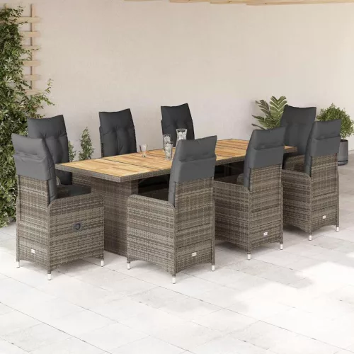  9 részes szürke polyrattan kerti bisztrógarnitúra párnákkal