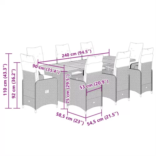  9 részes szürke polyrattan kerti bisztrógarnitúra párnákkal