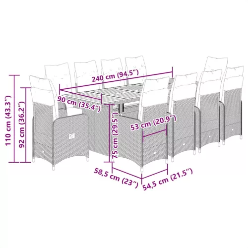  11 részes szürke polyrattan kerti bisztrógarnitúra párnákkal