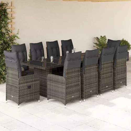  11 részes szürke polyrattan kerti bisztrógarnitúra párnákkal