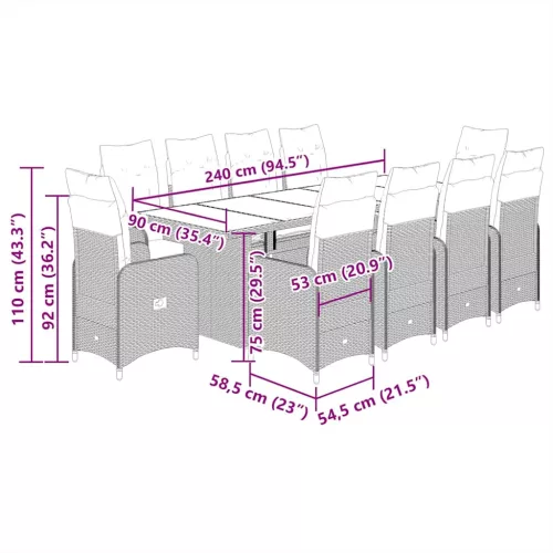  11 részes szürke polyrattan kerti bisztrógarnitúra párnákkal