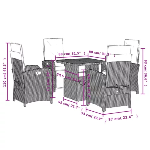  5 részes fekete polyrattan kerti étkezőgarnitúra párnákkal