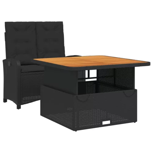  2 részes fekete polyrattan kerti étkezőgarnitúra párnával
