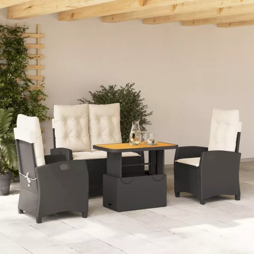  4 részes fekete polyrattan kerti étkezőszett párnákkal