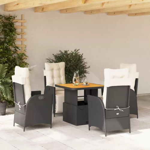 5 részes fekete polyrattan kerti étkezőgarnitúra párnákkal