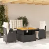  4 részes fekete polyrattan kerti étkezőszett párnákkal