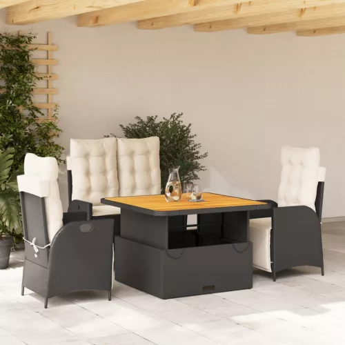  4 részes fekete polyrattan kerti étkezőszett párnákkal