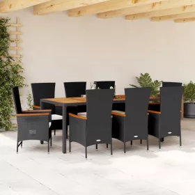    9 részes fekete polyrattan kerti étkezőgarnitúra párnákkal