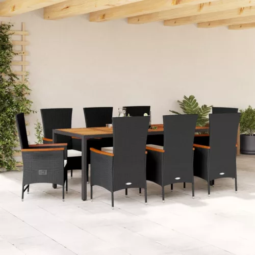  9 részes fekete polyrattan kerti étkezőgarnitúra párnákkal