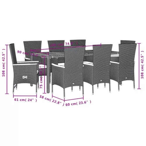  9 részes fekete polyrattan kerti étkezőgarnitúra párnákkal