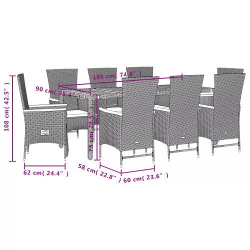  9 részes fekete polyrattan kerti étkezőgarnitúra párnákkal