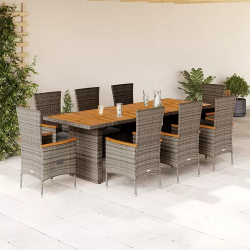  9 részes szürke polyrattan kerti étkezőgarnitúra párnával