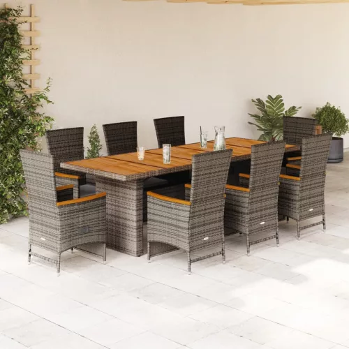  9 részes szürke polyrattan kerti étkezőgarnitúra párnával