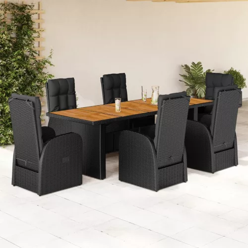  7 részes fekete polyrattan kerti étkezőgarnitúra párnával