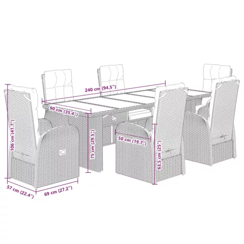  7 részes fekete polyrattan kerti étkezőgarnitúra párnával