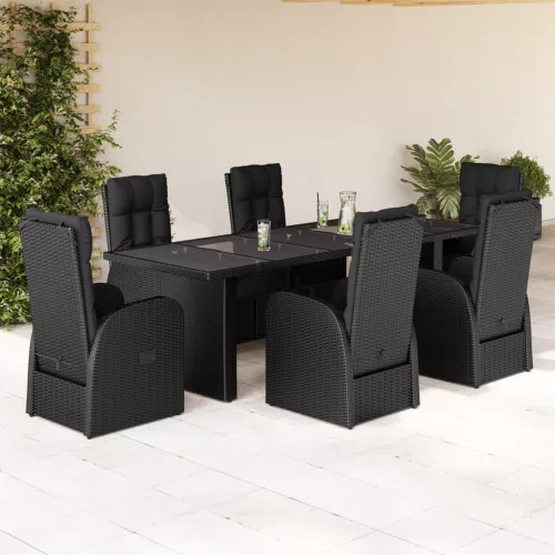  7 részes fekete polyrattan kerti étkezőgarnitúra párnával