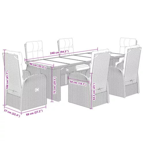  7 részes fekete polyrattan kerti étkezőgarnitúra párnával